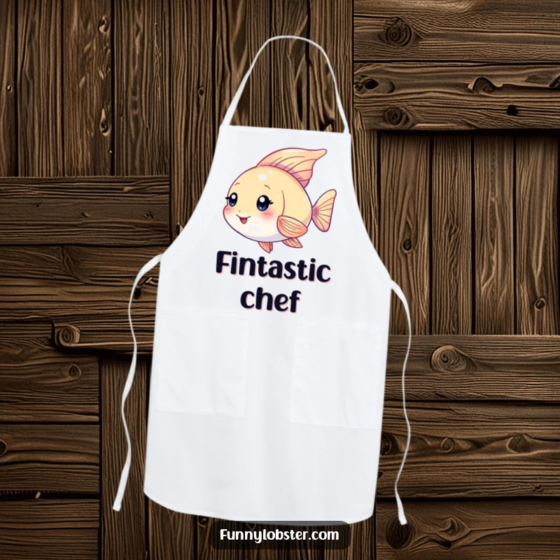 Funny Kawaii angelfish character with shimmering fins fluttering playfully, a humorous and elegant kitchen apron.