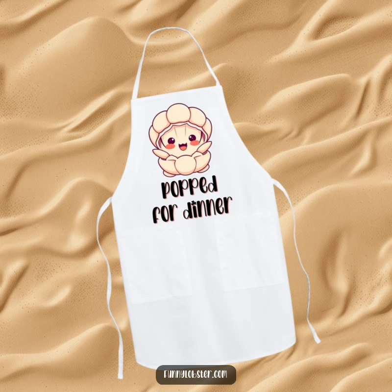 Funny Kawaii clam character with a surprised, happy face, ready to pop open while cooking, a humorous kitchen accessory.