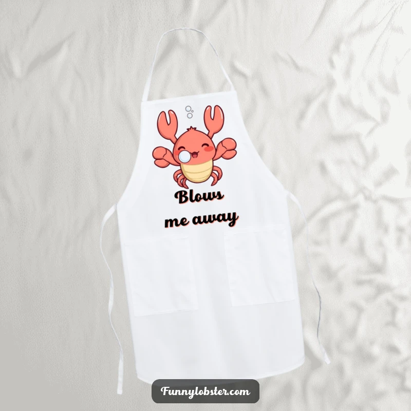 Funny kawaii lobster blowing a bubble with a happy sigh, depicted on a kitchen apron for serene cooking.