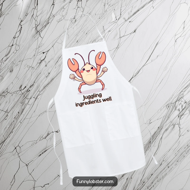 Funny kawaii lobster juggles shiny seashells with its claws, this apron adds humorous and talented flair to cooking.