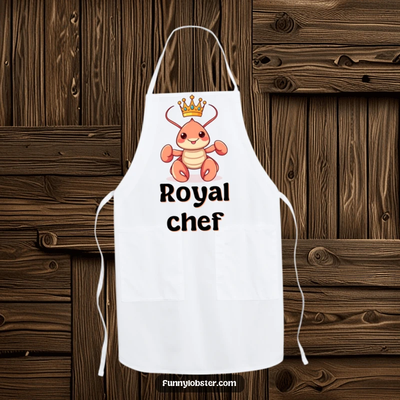 Funny kawaii lobster wearing a crown and posing proudly, depicted on a kitchen apron for regal chefs.