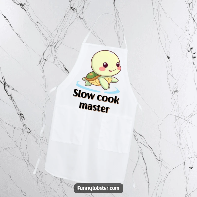 Funny Kawaii sea turtle character doing a gentle, happy paddle, a humorous and practical apron for kitchen fun.