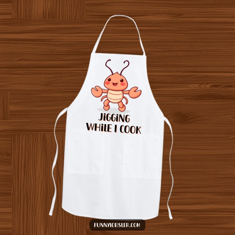 Funny apron showing a playful lobster character doing a cheerful jig, its antennae wiggling with enthusiastic rhythm while cooking.
