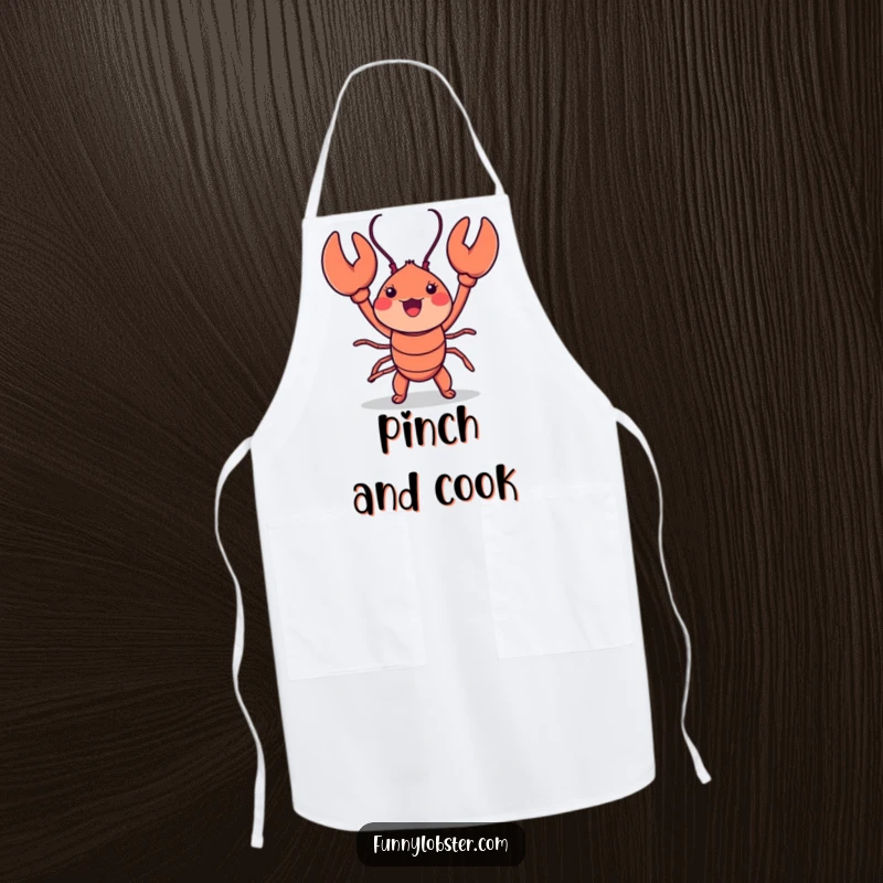 Funny kawaii lobster doing a joyful dance while wearing a kitchen apron, ideal for culinary fun.