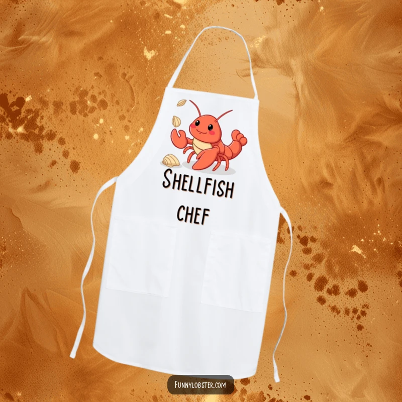 Funny kawaii lobster skillfully juggling tiny seashells while wearing a kitchen apron, bringing charm to cooking.