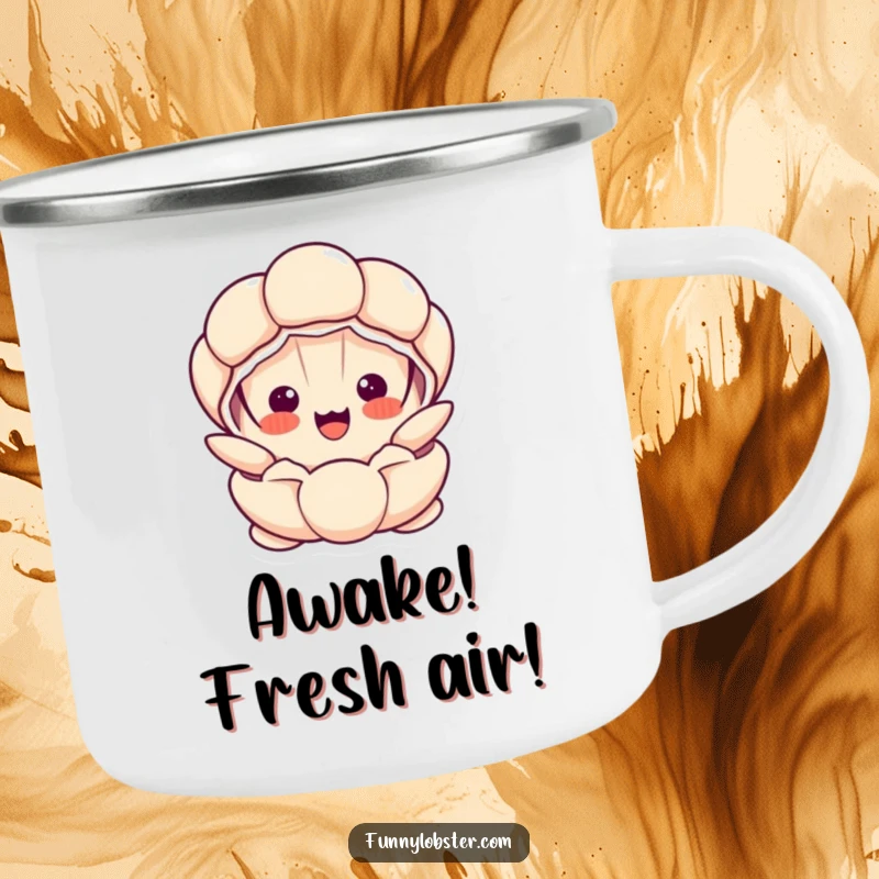 Funny Kawaii clam character popping open with a surprised, happy face, ideal for outdoor adventures, a humorous camping mug.