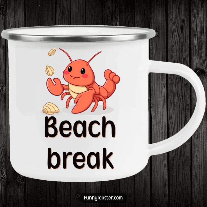 Funny kawaii lobster deftly juggling tiny seashells on a durable camping mug, perfect for outdoor enthusiasts.