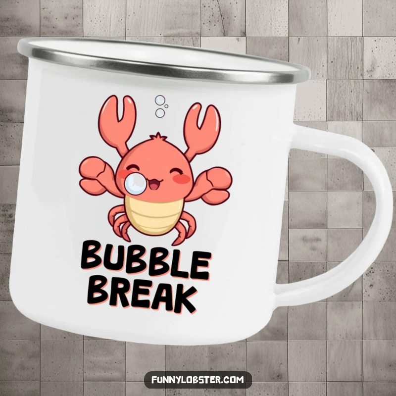 Funny kawaii lobster blowing a bubble with a happy sigh on a durable camping mug, perfect for serene outdoor enjoyment.