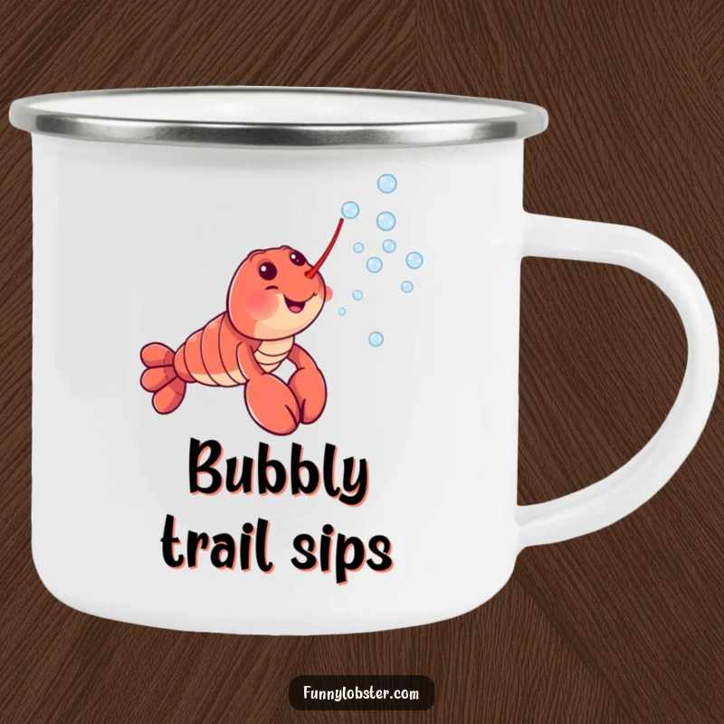 Funny camping mug with a smiling lobster character blowing a delightful stream of tiny, effervescent bubbles, perfect for outdoor fun.