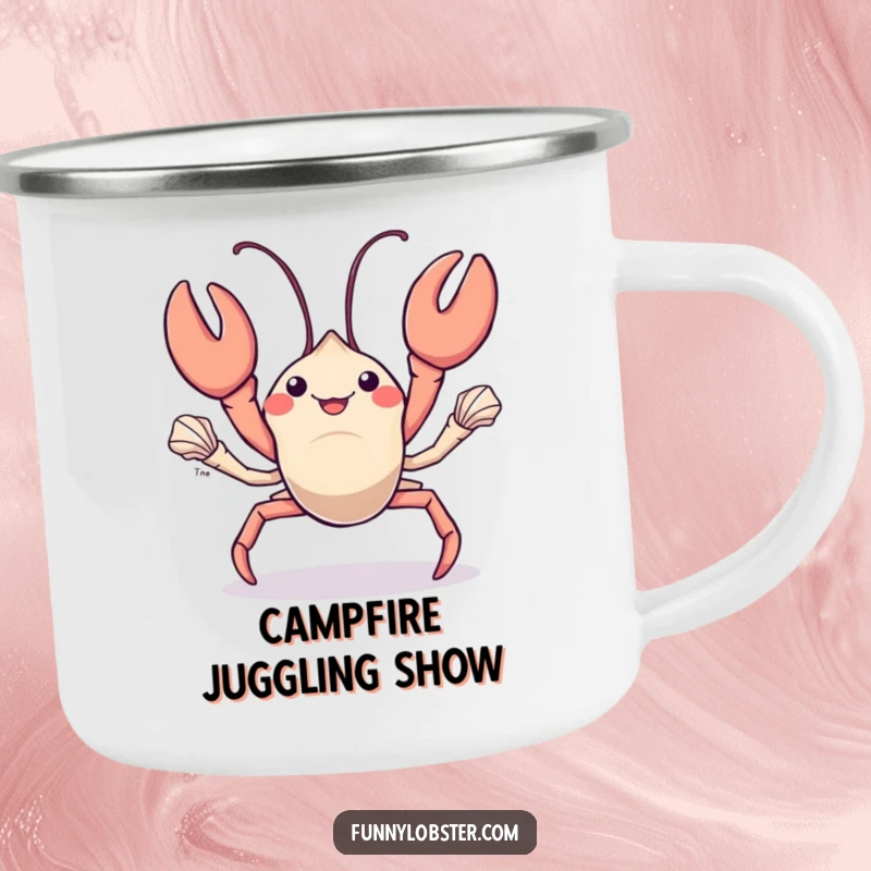 Funny kawaii lobster juggles shiny seashells, this tough camping mug is perfect for humorous outdoor enjoyment.