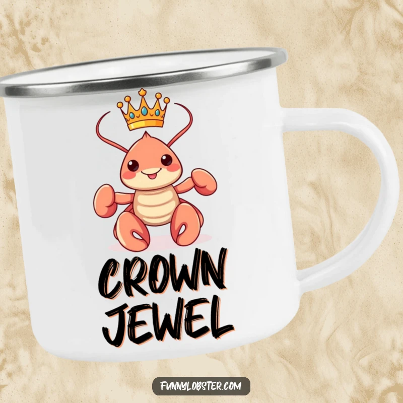 Funny kawaii lobster wearing a crown and posing proudly on a durable camping mug, fit for outdoor rulers.