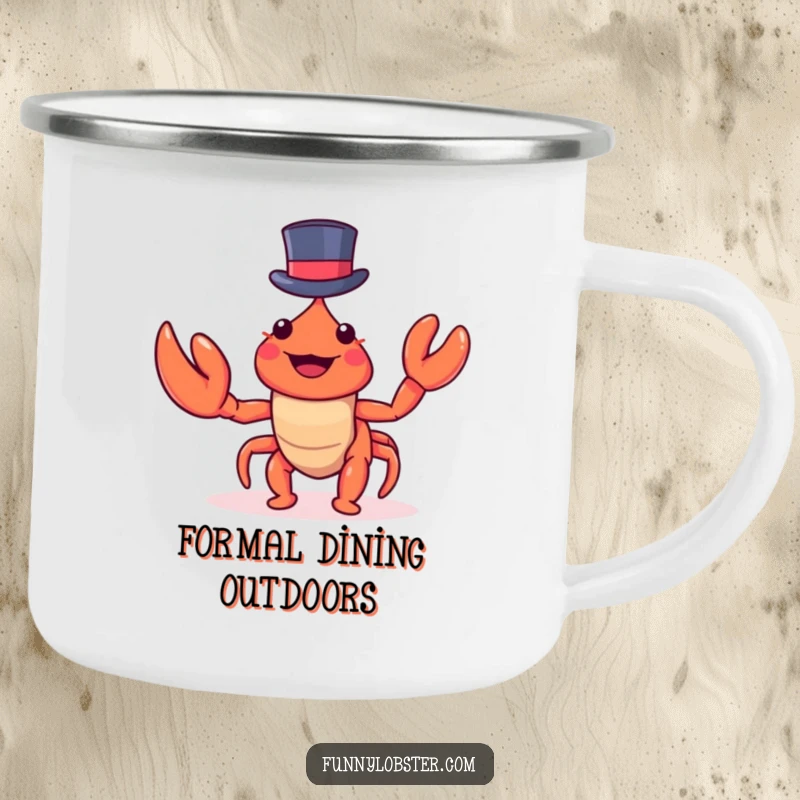 Funny kawaii lobster in a miniature top hat sips coffee outdoors, this camping mug is both dapper and humorous.
