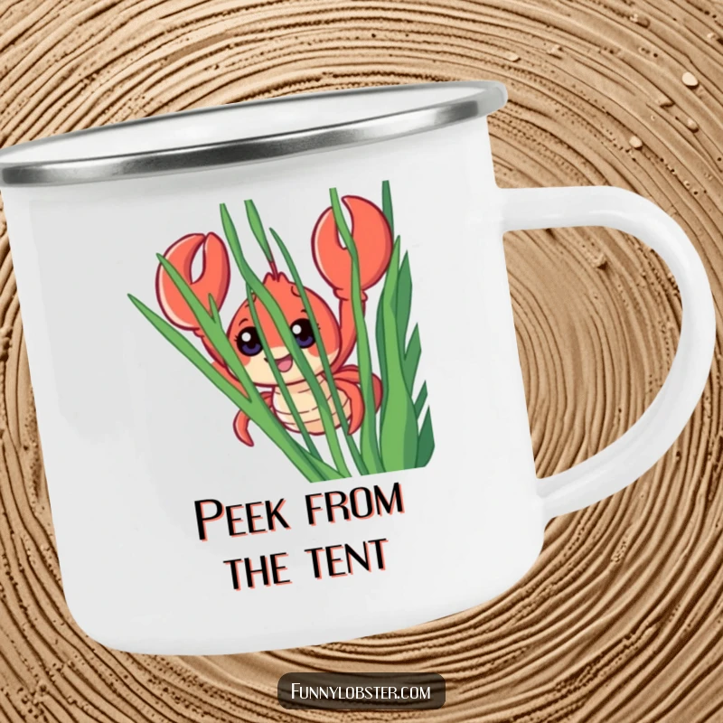 Funny camping mug with a smiling lobster and big eyes peeking from behind seaweed, ready for exploration and fun.