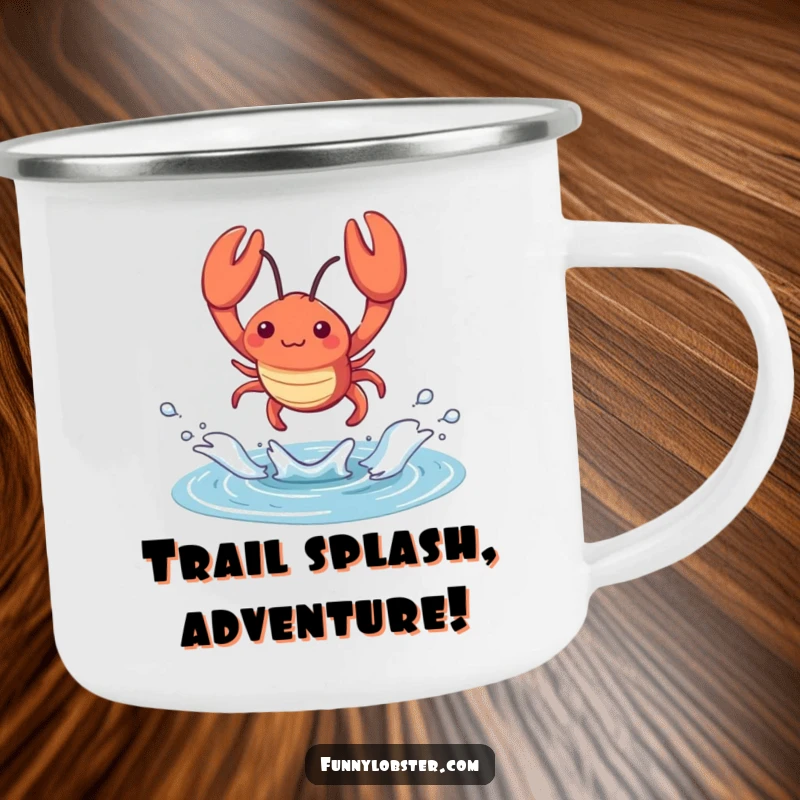 Funny kawaii lobster leaps from a tidal pool with a splash, this tough camping mug is perfect for humorous outdoor enjoyment.