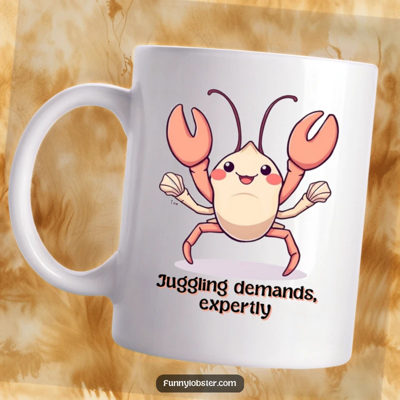 Funny kawaii lobster skillfully juggles several small, shiny seashells with its claws, displaying impressive dexterity.