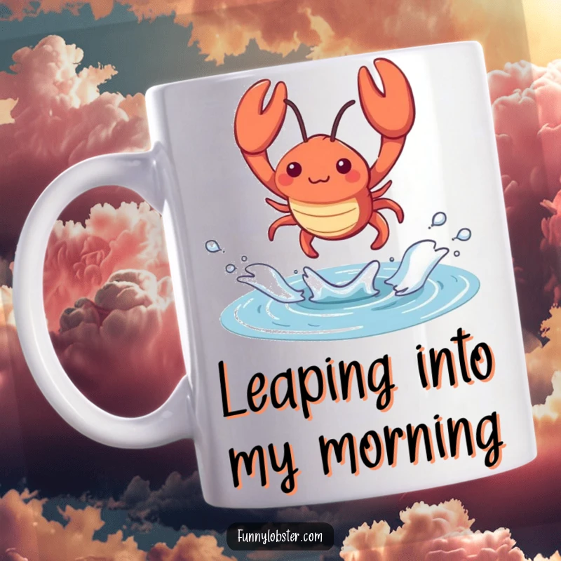 Funny kawaii lobster leaps energetically from a small tidal pool, creating a delightful splash with a sense of freedom.