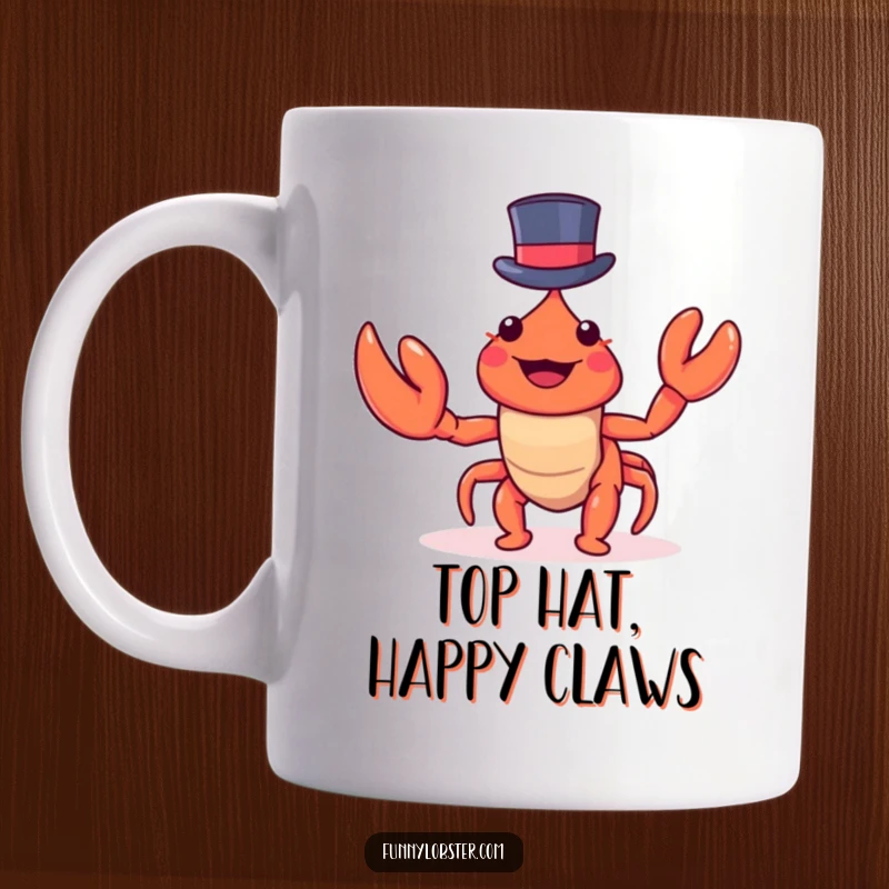 Funny kawaii lobster in a tiny top hat waves its claw with great excitement, looking dapper and full of personality.