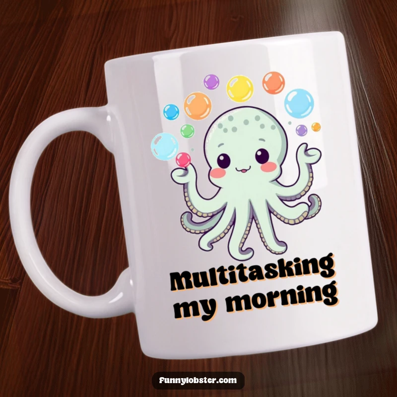 Funny Kawaii Octopus Mug juggling multiple small, colorful bubbles, a whimsical and humorous collectible.