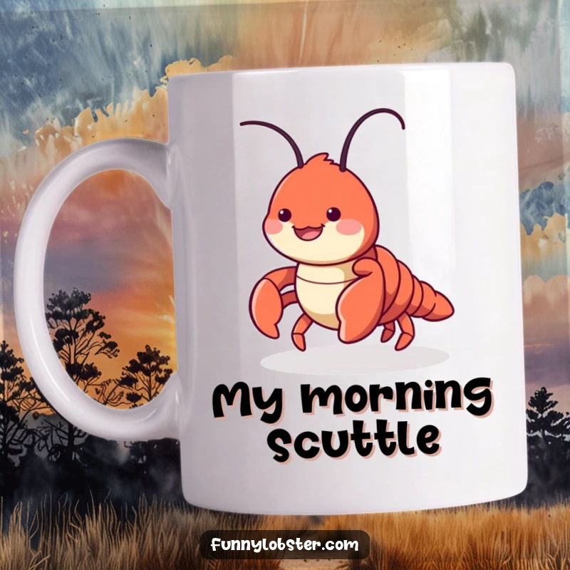 Funny mug featuring a cute lobster character playfully scuttling sideways with a cheerful smile, embodying quirky movement and joy.