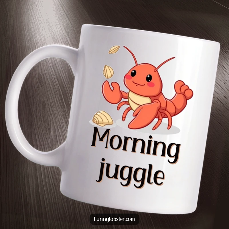 Funny kawaii lobster skillfully juggling three small seashells with a cute and charming expression on a mug.