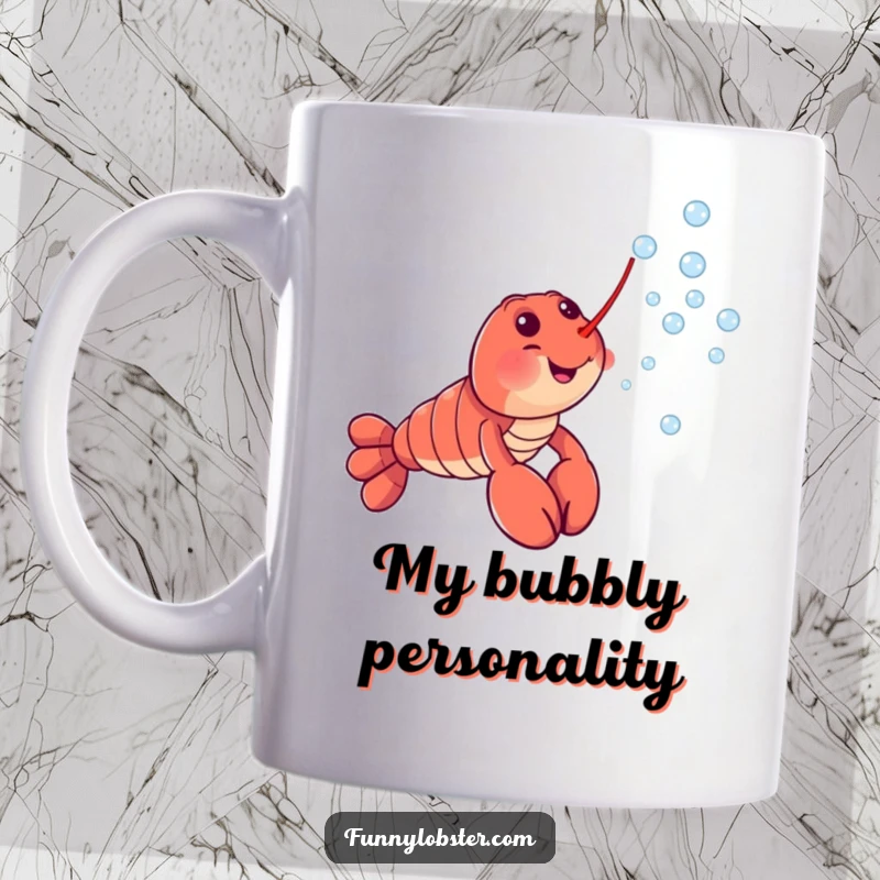 Funny mug featuring a cheerful lobster character joyfully blowing a stream of tiny, sparkling bubbles, spreading happiness.