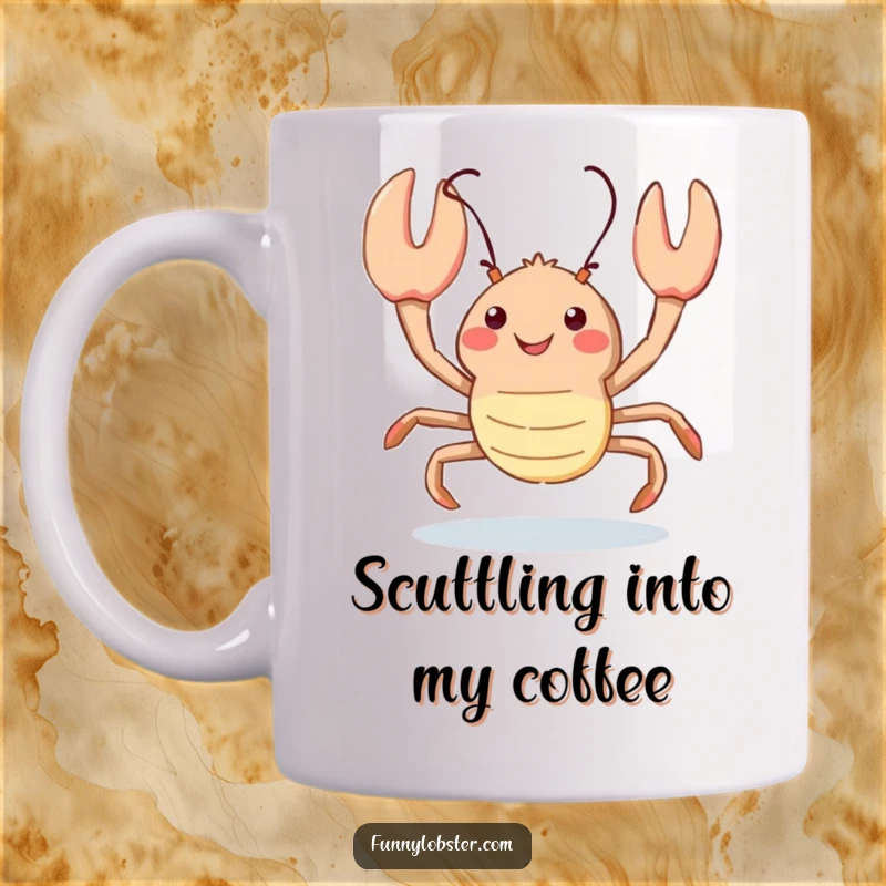 Funny kawaii lobster scuttles playfully with a joyful upward glance, capturing carefree happiness and movement.