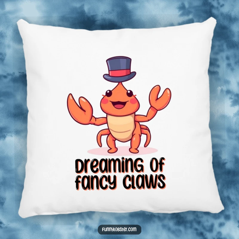 Funny kawaii lobster wearing a small top hat rests cozily, this pillow brings dapper and humorous decor to any room.