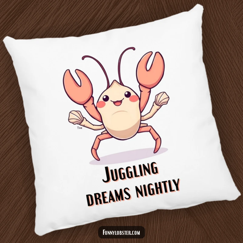Funny kawaii lobster juggles shiny seashells, this pillow offers cozy, talented, and humorous decor.