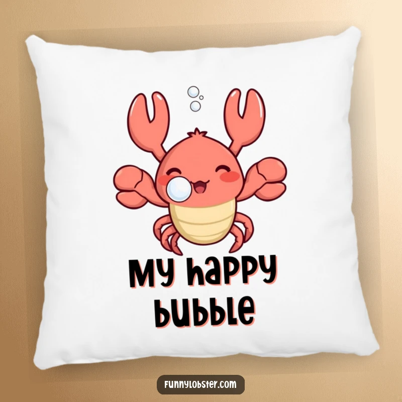 Funny kawaii lobster blowing a bubble with a happy sigh, featured on a soft and plush pillow for peaceful rest.