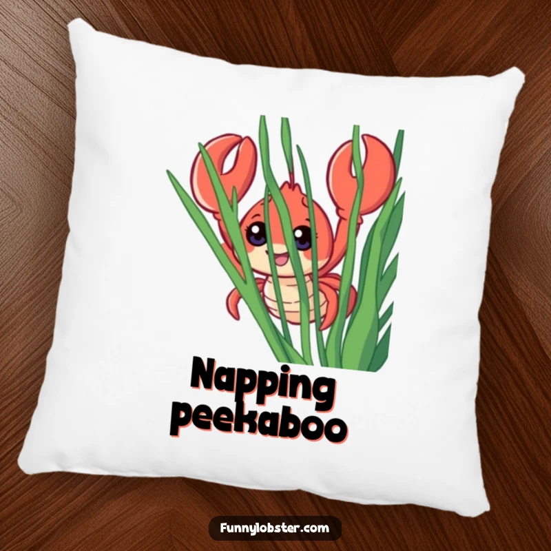 Funny pillow featuring a smiling lobster with big, curious eyes peeking from behind soft seaweed, offering cozy charm.