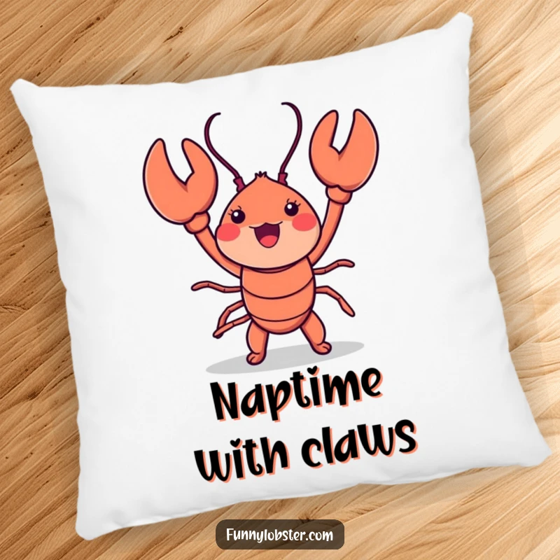 Funny kawaii lobster in a delightful dance pose, featured on a soft and cuddly pillow for humorous comfort.