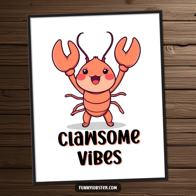 Funny kawaii lobster performing an ecstatic claw-waving dance, available as a downloadable digital art print for instant decor.
