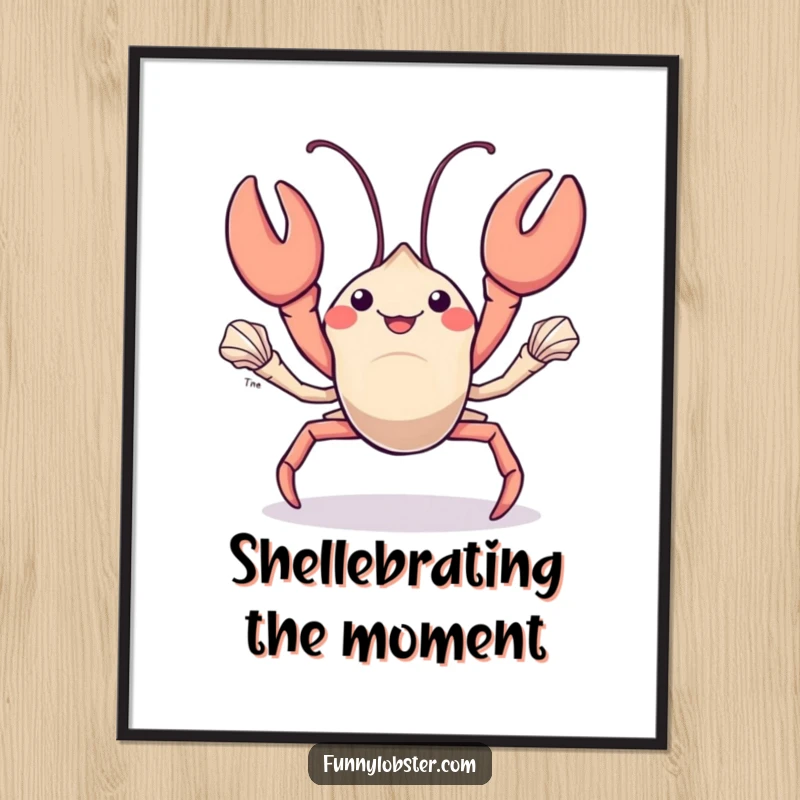 Funny kawaii lobster juggles small shiny seashells with its claws, this digital art print is humorous and talented.