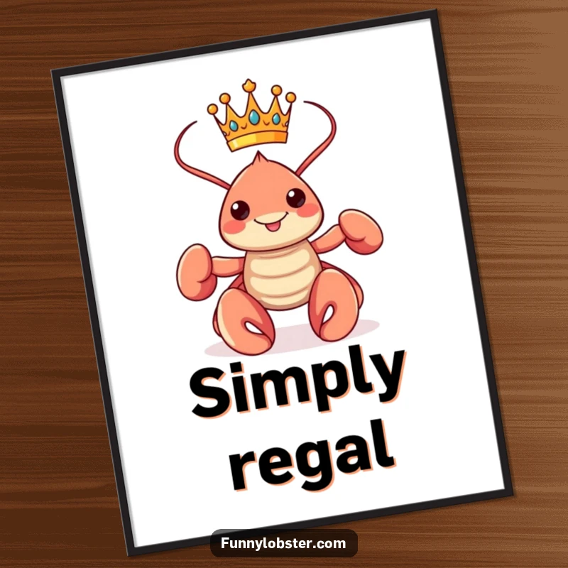Funny kawaii lobster adorned with a crown, striking a proud pose, available as a downloadable digital art print.