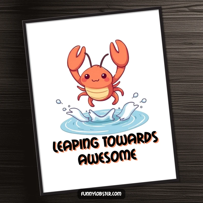 Funny kawaii lobster leaps from a tidal pool with a splash, this digital art print is humorous and energetic.