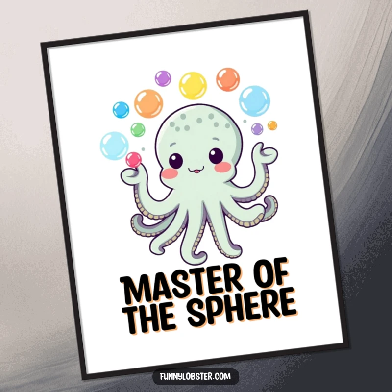 Funny Kawaii Octopus Digital Art Print of juggling colorful bubbles, perfect for instant cheerful decor.