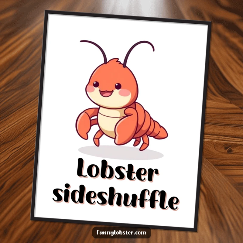 Funny digital art print of a cute lobster character playfully scuttling sideways with a smile, creating a whimsical and charming wall art.