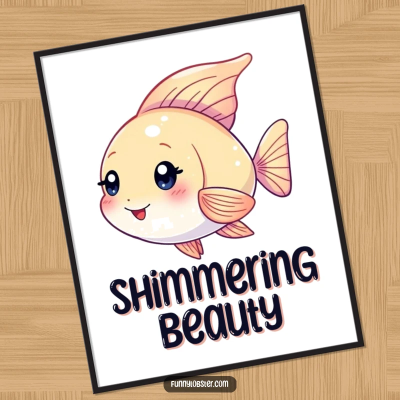Funny Kawaii angelfish character with shimmering fins fluttering playfully, downloadable art for a humorous and enchanting effect.