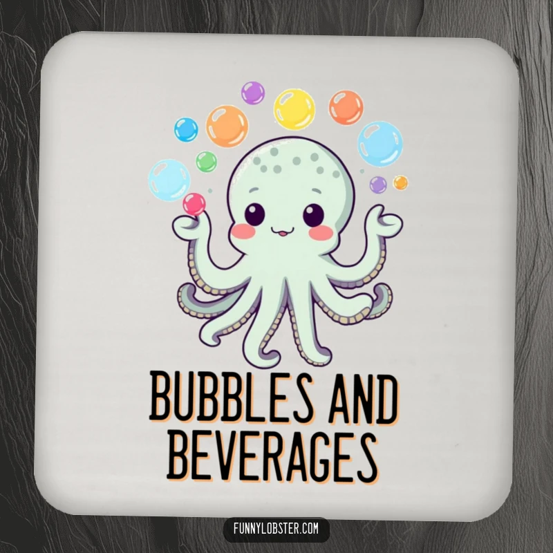 Funny Kawaii Octopus Coaster juggling colorful bubbles, perfect for playful and humorous table protection.