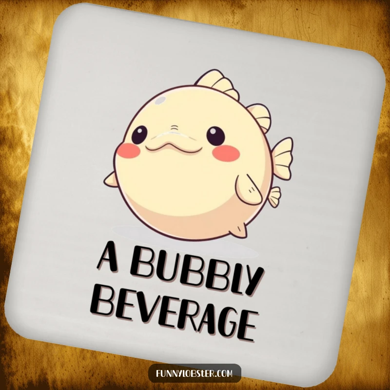 Funny Kawaii Pufferfish Coaster playfully inflating and deflating with glee, perfect for joyful table protection.