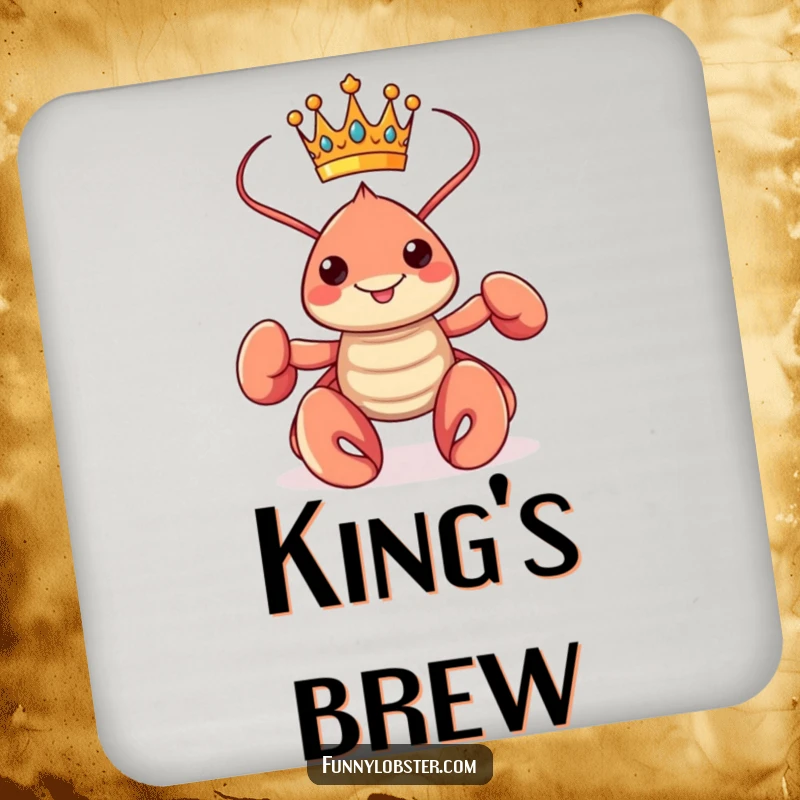 Funny kawaii lobster wearing a crown and posing proudly on a protective drink coaster, adding royal charm.