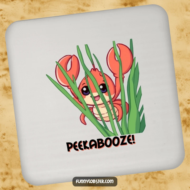 Funny drink coaster featuring a smiling lobster with wide eyes peeking from behind seaweed, adding a touch of humor to drinks.