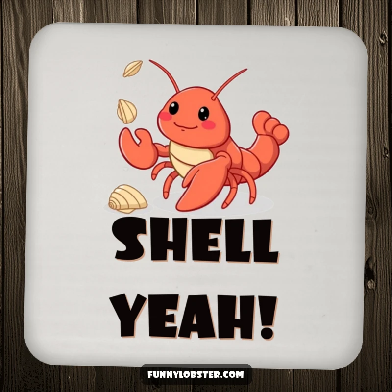 Funny kawaii lobster juggling three tiny seashells on a protective drink coaster, adding a touch of skill.