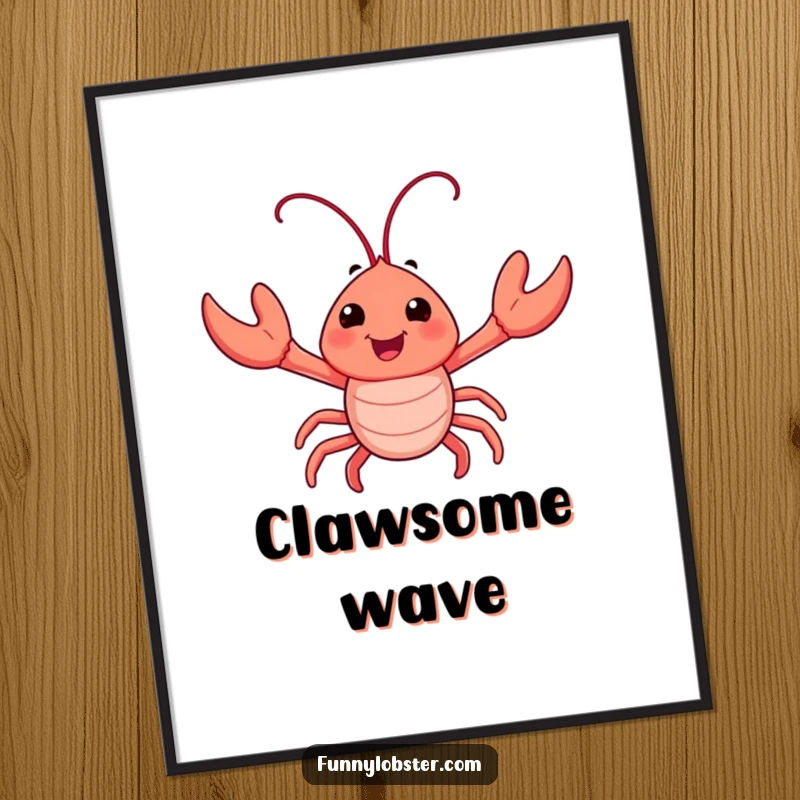 Funny poster of a happy lobster character enthusiastically waving its tiny claws, creating a whimsical and uplifting wall decoration.