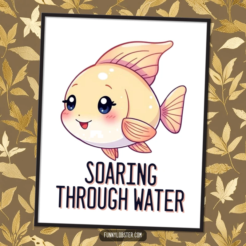 Funny Kawaii angelfish with shimmering fins fluttering playfully, a vibrant and humorous piece of wall art.