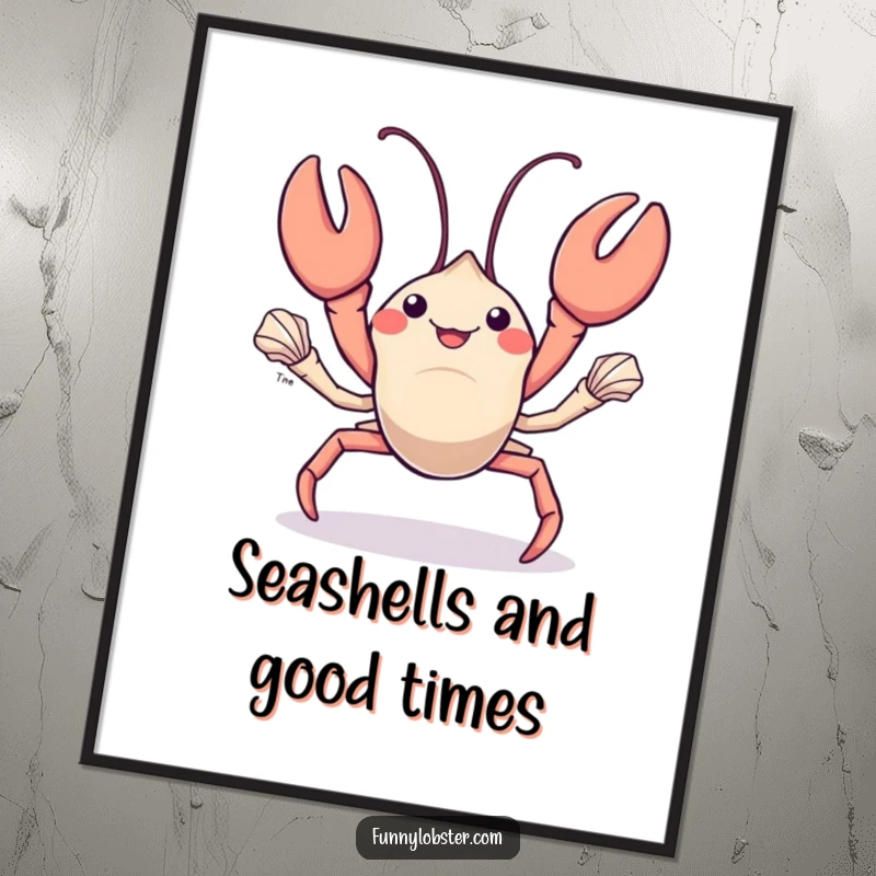 Funny kawaii lobster skillfully juggles shiny seashells, this poster captures impressive dexterity and humorous ocean talent.
