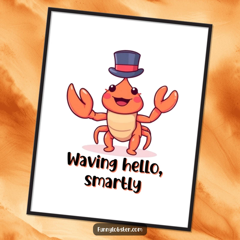 Funny kawaii lobster in a tiny top hat waves its claw, creating a dapper and humorous piece of wall art.