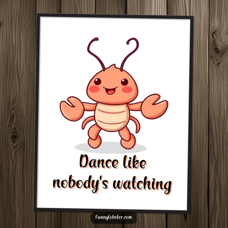 Funny poster art of a happy lobster character captured mid-jig, its antennae swaying joyfully, conveying movement and celebration.