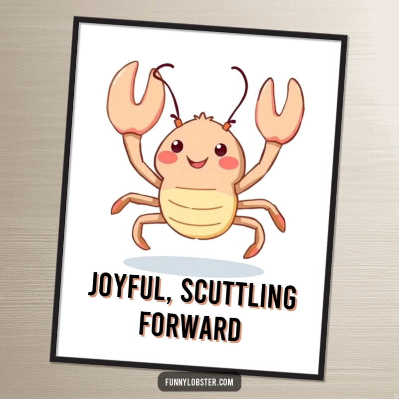 Funny kawaii lobster performs a happy scuttle with an inspired upward glance, this poster radiates playful joy.