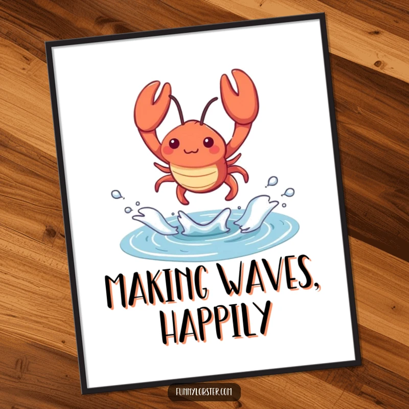 Funny kawaii lobster leaps from a tidal pool with a dramatic splash, this poster captures energetic and humorous aquatic motion.